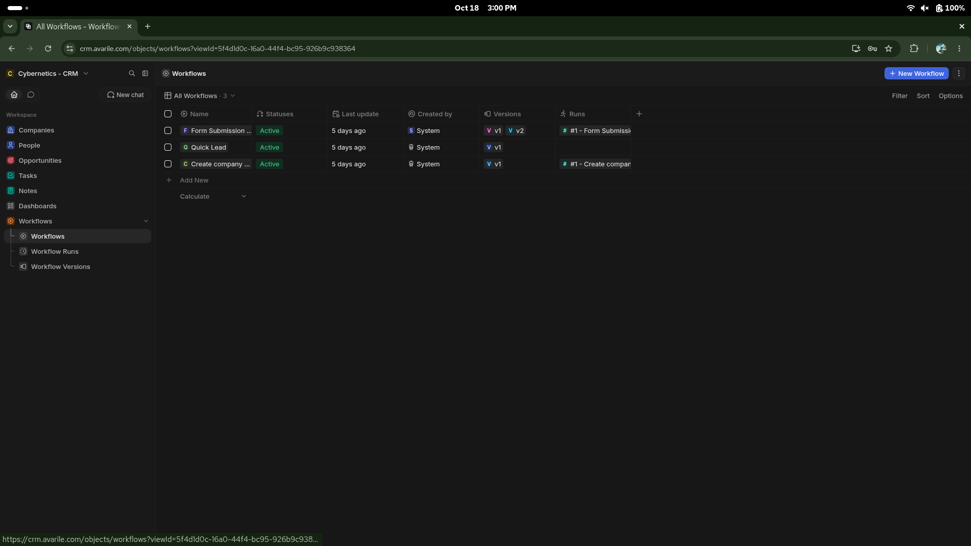 crm: People, companies and opportunities, with workflows running on top.